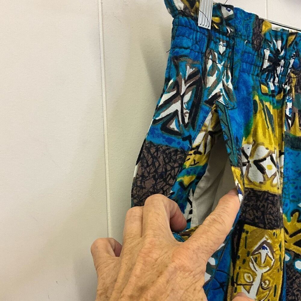 Happy Legs Womens Small Elastic Waist Pants Blue Abstract Print Hippie Pockets - Picture 2 of 8